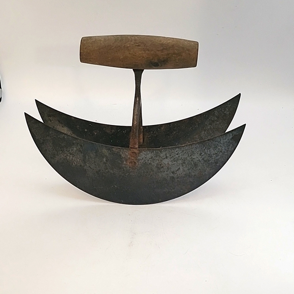 Old Double Blade Cresent Moon Shaped Food Chopper w/ Wood Handle